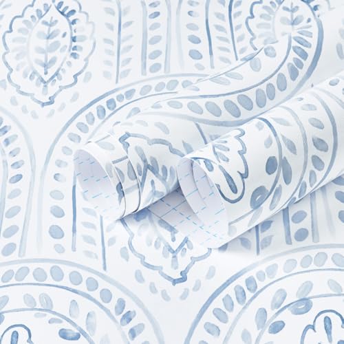 EeeComing Blue Peel and Stick Wallpaper Boho Wall Paper Peel and Stick Modern Contact Paper Self Adhesive Wallpaper for Bedroom and Bathroom Removable Cabinet Shelf Liner Vinyl 17.3”X118.1” - color: Blue, size: 17.3" x 118.1"