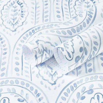 EeeComing Blue Peel and Stick Wallpaper Boho Wall Paper Peel and Stick Modern Contact Paper Self Adhesive Wallpaper for Bedroom and Bathroom Removable Cabinet Shelf Liner Vinyl 17.3”X118.1” - color: Blue, size: 17.3" x 118.1"
