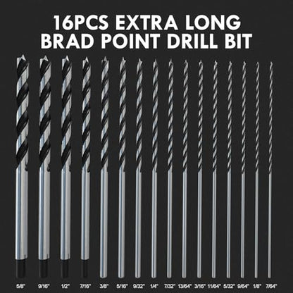 16Pcs(7/64" - 5/8") 12 Inch Extra Long Brad Point Wood Drill Bit - size: Extra Long (7/64"-5/8") - 16pcs
