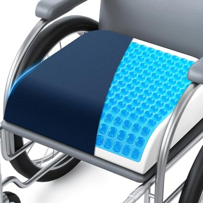 Wheelchair Seat Cushion - Cooling Gel & Memory Foam Office Chair Cushion with Non-Slip Bottom & Washable Cover, Ergonomic Car Seat Pillow for Sciatica, Tailbone, Back Comfort (Navy Blue) - color: Navy Blue