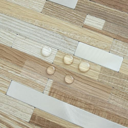 AULIGET 2 Sheets Beige & Brown Wood Peel and Stick Backsplash, PVC Mixed Metal Silver Wall Tile Stick on Backsplash for Kitchen and Bathroom - color: Beige & Brown Wood + Metal Silver, size: 2 Sheets, 6"x12"x0.12"