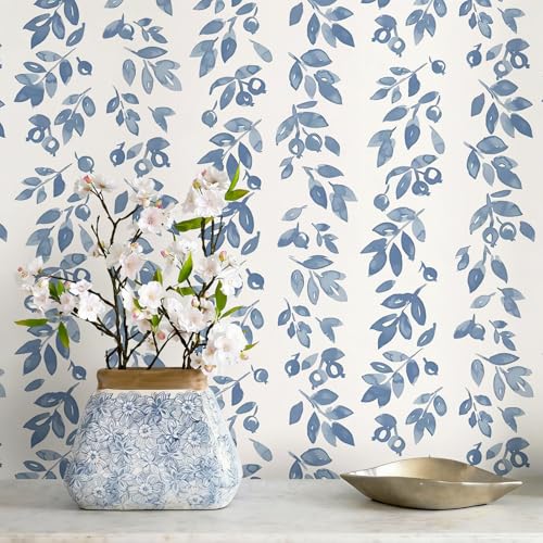 Ismoon Blue Wallpaper Peel and Stick Vintage Wallpaper 17.3in x 6.56ft Blue Leaf Contact Paper Vintage Cottage Wall Paper for Bedroom Bathroom Kitchen Nursery Removable Vinyl - color: Blue, size: 17.3" x 78.7"