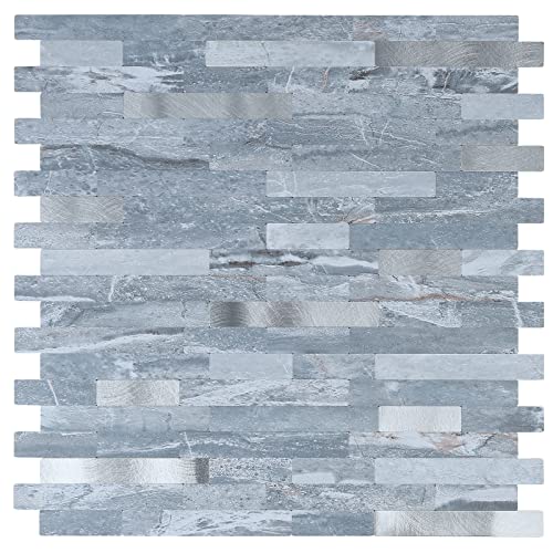 Midcard 10 Sheets Peel and Stick Backsplash PVC Wall Tile,for Kitchen Backsplash - color: Rectangular Dark blue with metallic silver