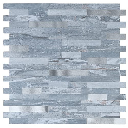 Midcard 10 Sheets Peel and Stick Backsplash PVC Wall Tile,for Kitchen Backsplash - color: Rectangular Dark blue with metallic silver