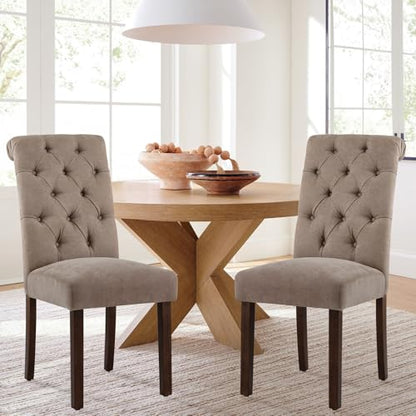 COLAMY Button Tufted Dining Chairs Set of 6, Parsons Upholstered Fabric Dining Room Chairs Kitchen Chairs with Wood Legs and Padded Seat, Taupe - color: Taupe, size: set of 6