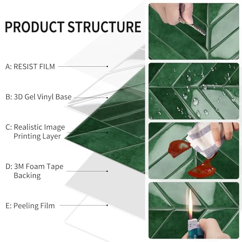10-Sheet Herringbone Peel and Stick Backsplash Tiles, Green - color: Green