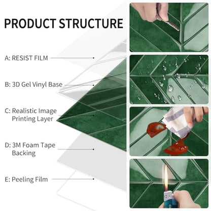 10-Sheet Herringbone Peel and Stick Backsplash Tiles, Green - color: Green