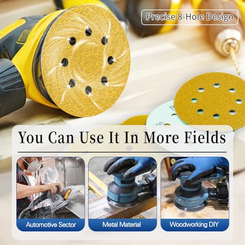 100Pcs Sanding Discs 5 Inch 8 Hole 800-Grit Hook and Loop Sandpaper Pads Orbital Sander Sandpaper Gold Sanding Disc for Woodworking Hardwood Automotive Finishing Discs-ALPXUXP - style: Aluminum Oxide