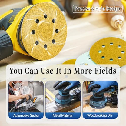 100Pcs Sanding Discs 5 Inch 8 Hole 800-Grit Hook and Loop Sandpaper Pads Orbital Sander Sandpaper Gold Sanding Disc for Woodworking Hardwood Automotive Finishing Discs-ALPXUXP - style: Aluminum Oxide