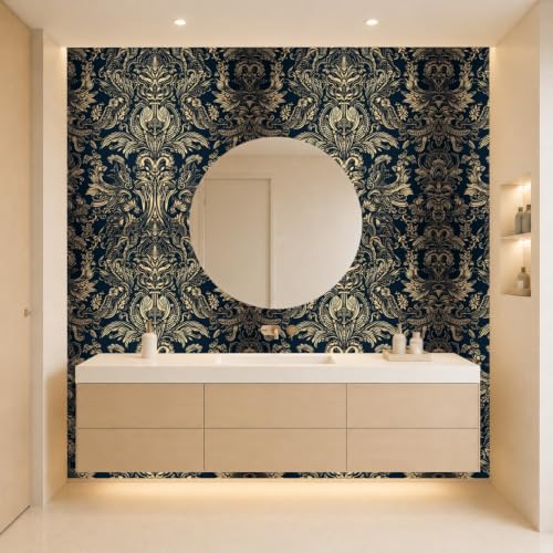Peel and Stick Wallpaper, Dark Blue Gold Damask Pattern, 236in x 17.7in, Waterproof Vinyl, Removable Reusable, Eco-Friendly, for Bedroom Living Room Rental Apartment - color: Dark03, size: 17.7" x 236.2"