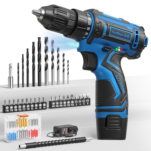 Cordless Drill Set,12V Power Drill Driver 3/8" Keyless Chuck with 92 Acessories, Built-in LED Light, 25+1 Position, Electric Drill for Home DIY Projects（Blue） - color: Blue