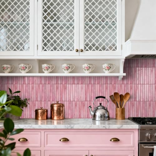 20-Sheet 3D Self-Adhesive Tile Backsplash for Kitchen, 9.68x4.72inch Peel and Stick Kitchen Backsplash Tiles, Thicker Design 3D Subway Waterproof Wall Tile Stickers - color: Pink