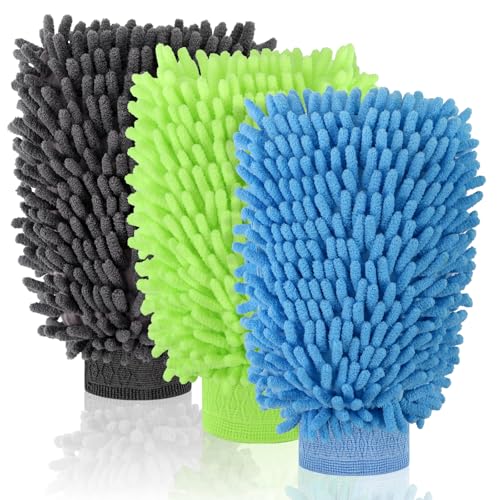 3 Pack Chenille Microfiber Car Wash Mitt, 7" x 9.6", Blue, Green, Grey - color: Blue,green,grey