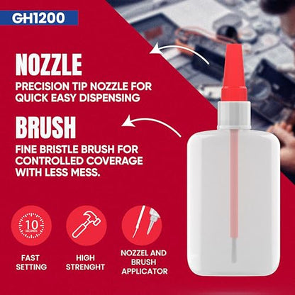 GH1200 (2-in-1) Super Glue with Brush Applicator & Nozzle, Mess Free Superglue Brush, Instant Never Dries, 3000 CPS Ca Glue, No Stain Clear Glue, Super Glue for Plastic, Rubber & More - style: 20g Super Glue Brush & Nozzle