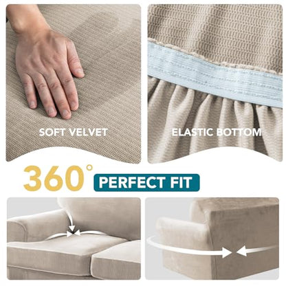 Sofa Cover 3 Piece T Cushion Loveseat Covers for 2 Cushion Couch Thick Velvet Couch Cover Stretch Furniture Covers with 2 Individual T Cushion Covers, Washable (2 Cushion Loveseat, French Oak) - color: French Oak, size: Loveseat (2 Cushion)