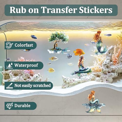 WANDIC 3 Sheets Rub on Transfers for Crafts,Retro Mermaid Theme Scrapbooking Stickers Furniture Transfers Journal Stickers Flower Pattern Decals for DIY Water Bottle Window,15 * 30cm - color: Retro Watercolor Mermaid