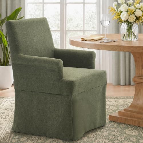 Arm Dining Chair Fabric Long Skirt Slipcovered High Back Upholstered Dinner - color: Green, size: 6 PCS