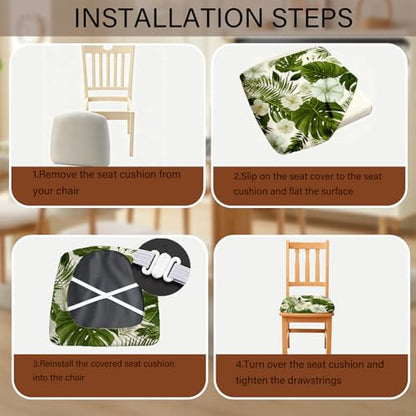 Chair Seat Covers - Waterproof Stretch Printed Dining Room Chair Cover with Elastic Ties Removable Washable Dining Upholstered Chairs Protector (White-Green, Four-Piece Set) - color: White-green, size: Four-piece set