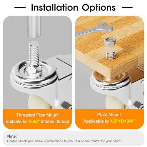 Caster Wheels, Threaded Stem Casters Set of 4 Heavy Duty,1/2"-16 x 1(Stem Diameter 1/2", Length 1"), Dual Locking Caster, Industrial Castor Wheels for Furniture,Carts - color: Silver-White