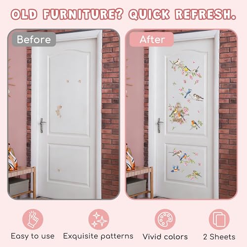 Joeyan Rub On Transfers for Crafts and Furniture, 2 Sheets Large Birds Flowers Rub on Stickers DIY Animal Transfer Decals for Wood Glass Metal Canvas Porcelain Plastic Home Decorations, 11" x16" - style: Birds Flowers