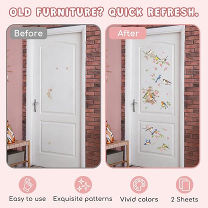 Joeyan Rub On Transfers for Crafts and Furniture, 2 Sheets Large Birds Flowers Rub on Stickers DIY Animal Transfer Decals for Wood Glass Metal Canvas Porcelain Plastic Home Decorations, 11" x16" - style: Birds Flowers