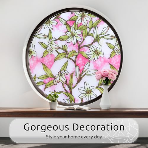 rabbitgoo Stained Glass Window Privacy Film, Pink Lily, 17.5" X 78.7" - color: Pink Lily, size: 17.5" x 78.7"