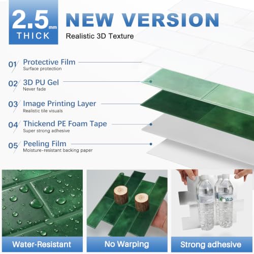 Thicker Design Peel and Stick Backsplash Tile，Self Adhesive Wall Tiles for Kitchen & Bathroom (10 Sheets, Jade Green) - color: Jade Green