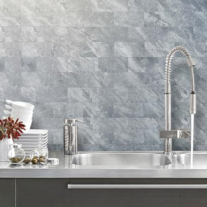 AULIGET 100-Piece Peel and Stick Backsplash Wall Tiles, 3" x 6" PVC Grey Marble Faux Stick on Tiles for Backsplash Kitchen, Bathroom, Laundry Room, Camper, Fireplace - color: Grey Marble