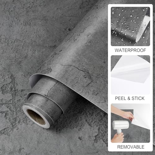 ReWallpaper Textured Cement Wallpaper Peel and Stick Dark Grey Concrete Wall Paper Self Adhesive Cement Vinyl Wall Covering for Accent Walls Kitchen Backsplash Countertop Bathroom Office 15.8in x 23ft - color: Gray Concrete, size: 15.8in x 23ft