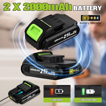 21V Cordless Drill Set with Battery Charger(Green & 2 Batteries) - color: Green -2 Batteries