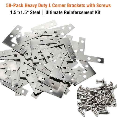 L Shape Corner Brackets, 1.5x1.5 Inch Heavy Duty Steel Corner Braces with Screws for Furniture, Shelf, Cabinet, Table, Woodworking, Decorative Reinforcement & DIY Home Projects -50 Pack