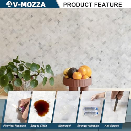5-Sheet Genuine Marble Peel and Stick Backsplash — 11.7x11 3D Herringbone Real Stone Tiles, Waterproof & Heat-Resistant Self-Adhesive Panels for Kitchen, Fireplace & Vanity Decor (4.5 Sq. Ft.)