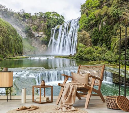 Majestic Green Forest Waterfall Landscape Peel and Stick Wallpaper - color: No.12, size: 80" x 61"