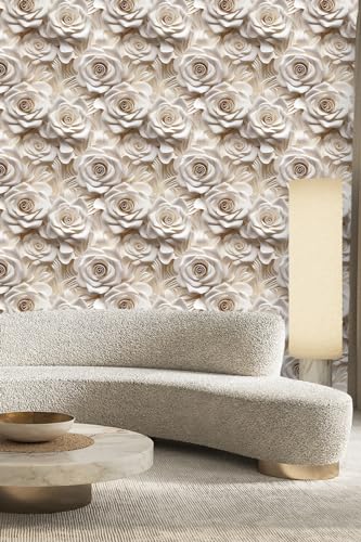 Peel and Stick Wallpaper Beige Rose Floral Accent - color: Cream&Light Brown, size: 17.7" x 118"