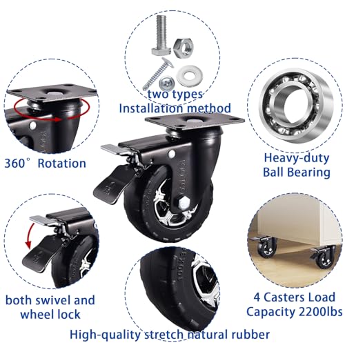 Heavy Duty 4 Inch Caster Wheels Set of 4 2200Lbs Capacity Silent Swivel with brake & Rigid TPR Rubber Wheels Locking Industrial Plate Casters for Cart Furniture Workbench 2 Fixed & 2 Swivel with Brake