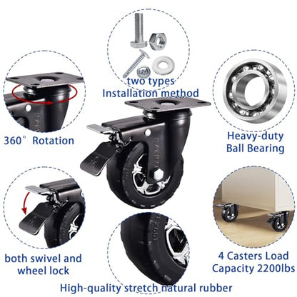 Heavy Duty 4 Inch Caster Wheels Set of 4 2200Lbs Capacity Silent Swivel with brake & Rigid TPR Rubber Wheels Locking Industrial Plate Casters for Cart Furniture Workbench 2 Fixed & 2 Swivel with Brake