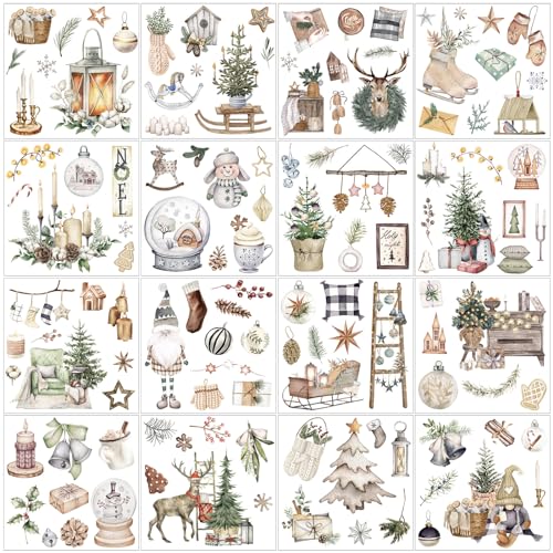 SATINIOR 16 Sheets Farmhouse Christmas Rub on Transfers Sticker for Crafts Winter Snowman Holly Xmas Tree Reindeer Gnome Christmas Rub on Decals for Furniture Scrapbook DIY Wood Fabric Envelope - style: Classic
