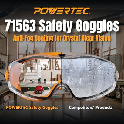 POWERTEC Safety Goggles, Scratch Proof UV Protection Anti-fog Safety Goggles, Chemical Splash Protective Eyewear W/Adjustable Headband for Woodworking, Mowing, Construction (71563)