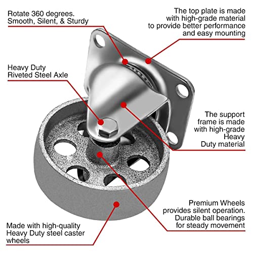 3.5" Steel Plate Caster Wheels, Set of 4, No Brake - size: 3.5" No Brake