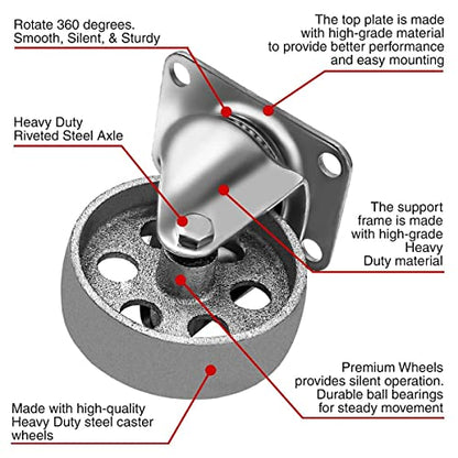 3.5" Steel Plate Caster Wheels, Set of 4, No Brake - size: 3.5" No Brake