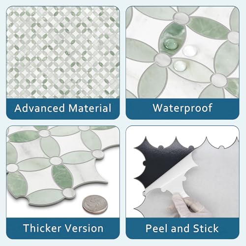 10-Sheet Peel and Stick Backsplash Coin Waterjet Tile, 11.2" x 11.2" Green Marble Looks Self Adhesive Wall Tile Stick on Backsplash for Kitchen, Bathroom, Fireplace, Shower