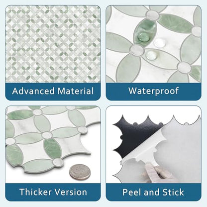 10-Sheet Peel and Stick Backsplash Coin Waterjet Tile, 11.2" x 11.2" Green Marble Looks Self Adhesive Wall Tile Stick on Backsplash for Kitchen, Bathroom, Fireplace, Shower