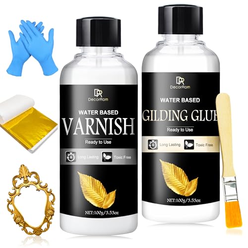 Gold Leaf Gilding Adhesive Kit - 2 x 3.5oz Water-Based Adhesive & Varnish with Brush, 100 Gold Leaf Sheets for Art, Craft, Painting, Furniture Decoration - with Painting & Gilding Materials