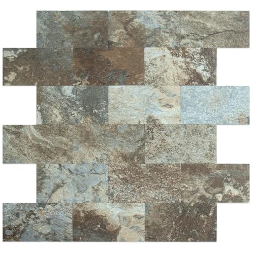 DICOFUN 1 Sheet Beige Brown Slate Thick PVC Peel and Stick Backsplash Wall Tiles, 12"x12" Self Adhesive Subway Tile for Kitchen and Bathroom Backsplash - color: Beige and Brown Slate, size: 1 Sheet, 12"x12"x0.12"
