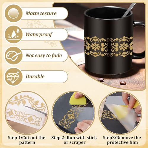 WANDIC 3 Sheets Gold Lace Rub On Transfer Stickers European Retro Scrapbook Stickers Window Decals Waterproof Decals Cup Wraps for DIY Furniture Photo Albums,15 * 30cm - color: Gold Retro Pattern 3
