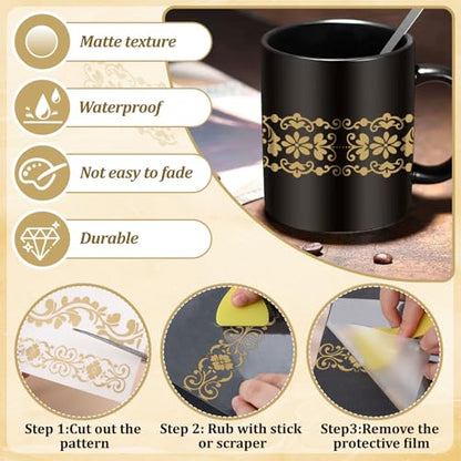 WANDIC 3 Sheets Gold Lace Rub On Transfer Stickers European Retro Scrapbook Stickers Window Decals Waterproof Decals Cup Wraps for DIY Furniture Photo Albums,15 * 30cm - color: Gold Retro Pattern 3