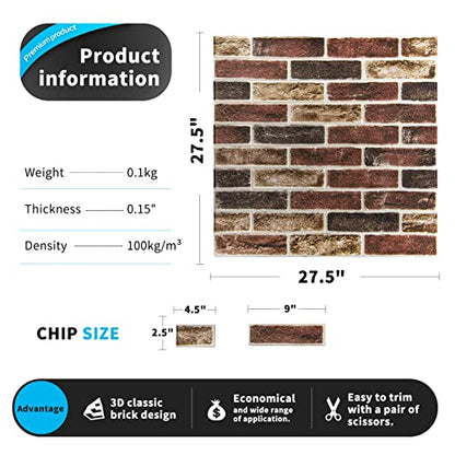 Art3d 10-Pack Durable Faux Brick Peel and Stick 3D Wall Panels, Red Brown - color: Red brown, size: 10pcs-27x27inch