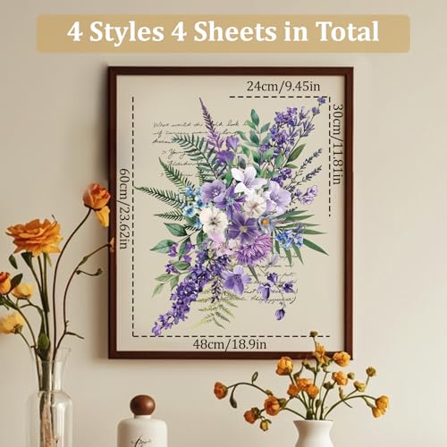 WANDIC 4 Sheets Rub on Transfer Sticker, Purple Flower Theme Transfer Stickers Large Waterproof Furniture Decal for DIY Craft Walls Windows, 24 * 30cm
