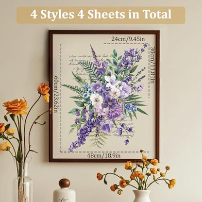WANDIC 4 Sheets Rub on Transfer Sticker, Purple Flower Theme Transfer Stickers Large Waterproof Furniture Decal for DIY Craft Walls Windows, 24 * 30cm