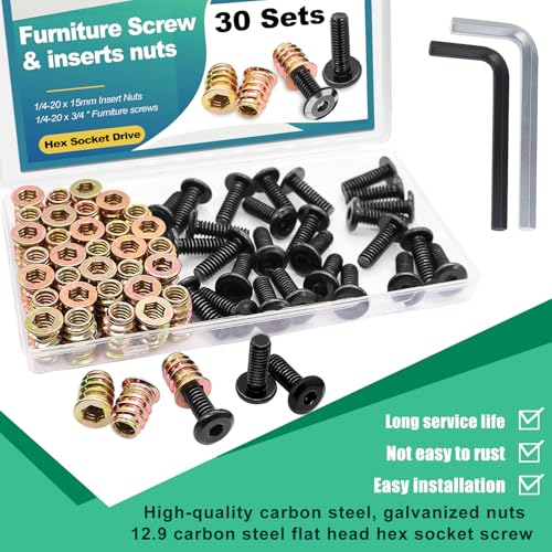 Twidec/30 Sets 1/4-20x15mm Threaded Inserts for Wood Furniture Screw Nut Kit Bolt Fastener Connector with 1/4-20x20mm Screw-in Nuts and Hex Wrench N-083-30set - size: 1/4-20x 15mm